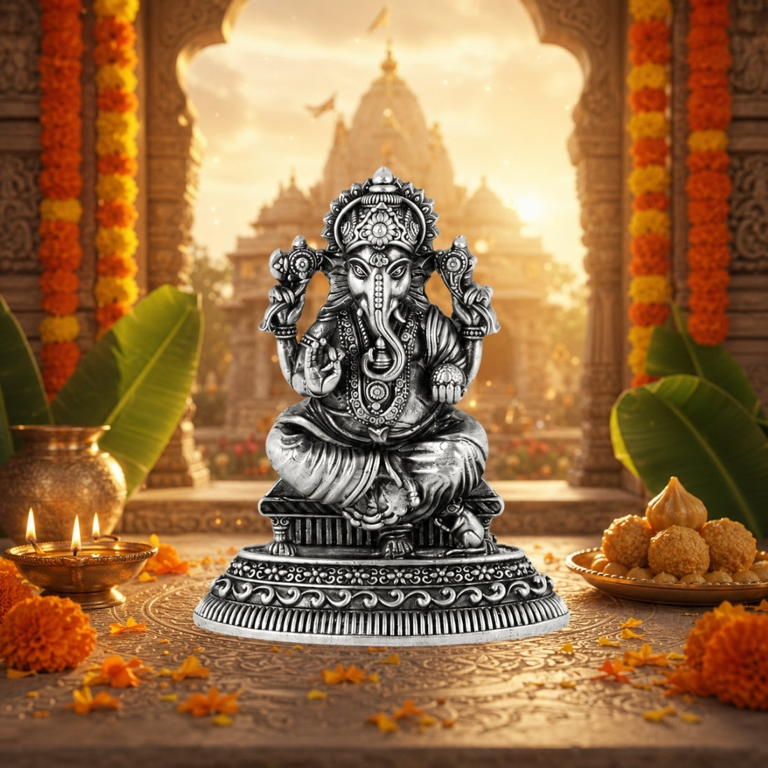 Sacred Chaturbhuj Lord Ganesha 925 Silver Idol