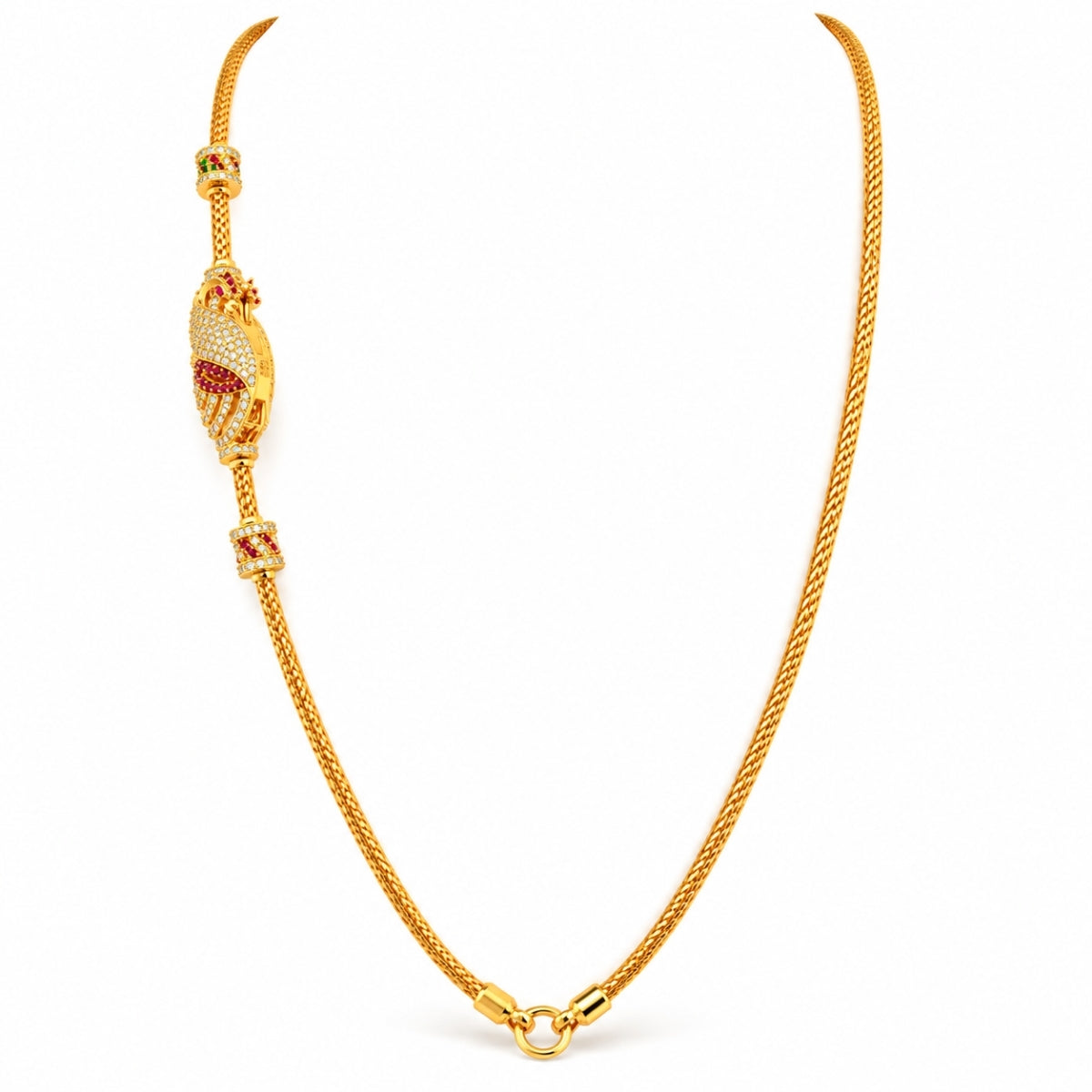 Traditional Twin Peacock Mango Ruby 925 Sterling Silver Gold Plated Thali Chain