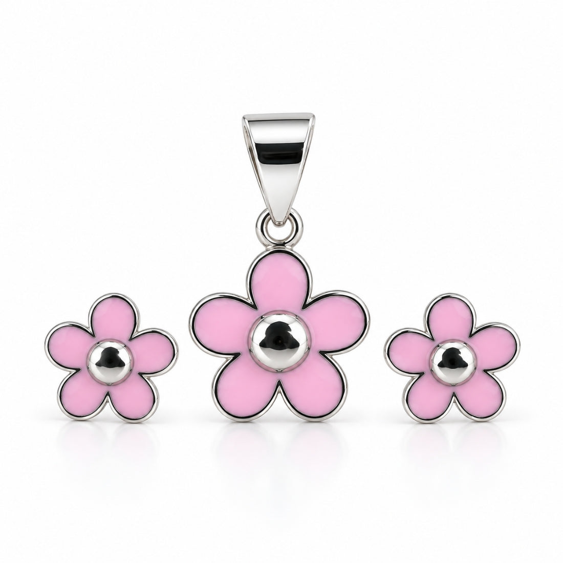 Blushing Blossom 925 Sterling Silver Pink Flower Pendant & Stud Earring Set for Kids