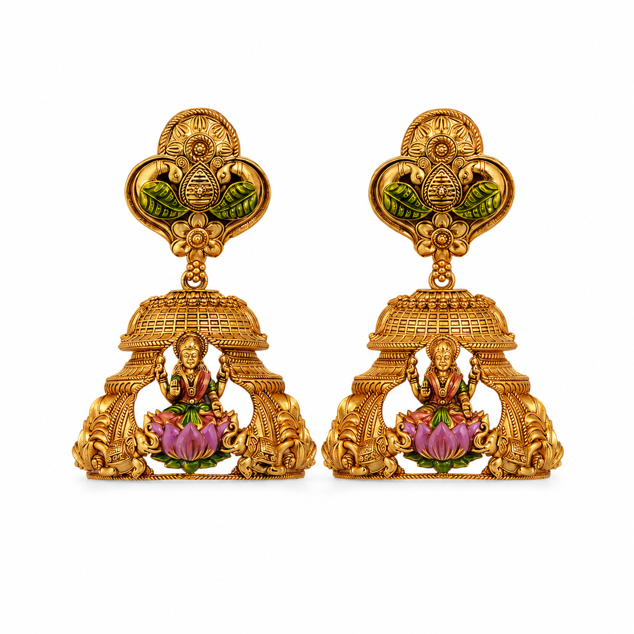 Twin Peacock & Lakshmi Cage Gold-Plated 925 Silver Drops