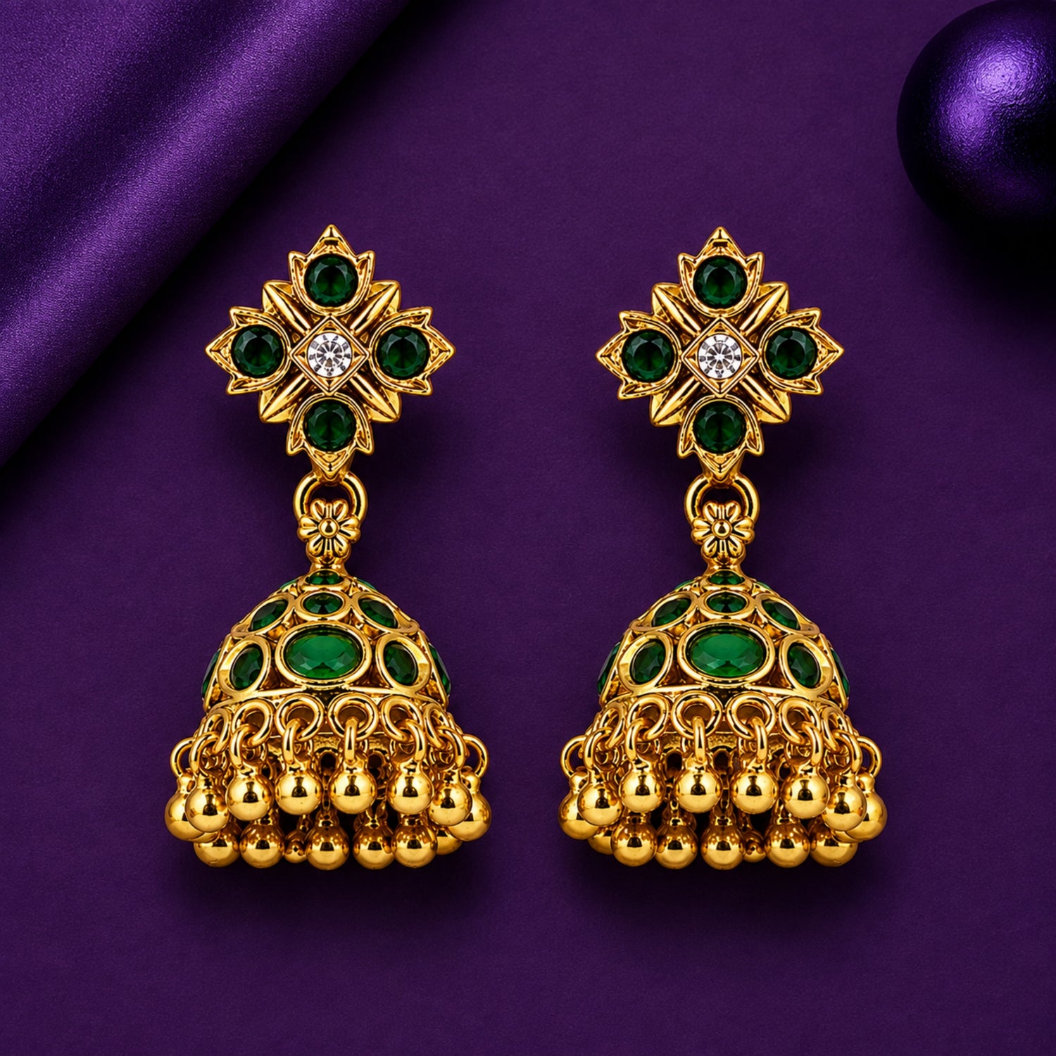 The Aadya Emerald Diamond Jhumka – 925 Sterling Silver