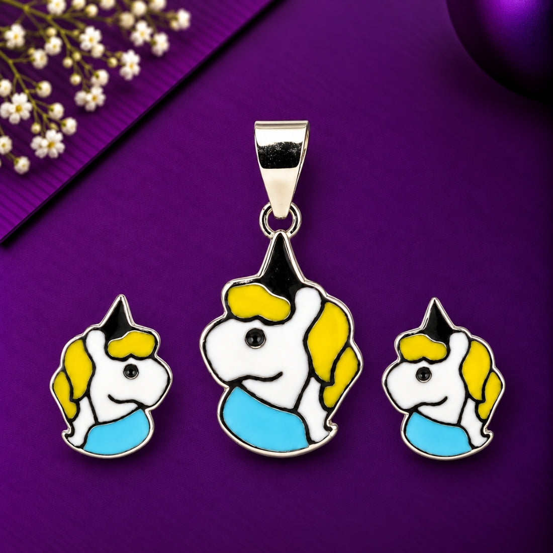 Magical Unicorn 925 Sterling Silver Pastel Enamel Pendant & Stud Earring Set for Kids