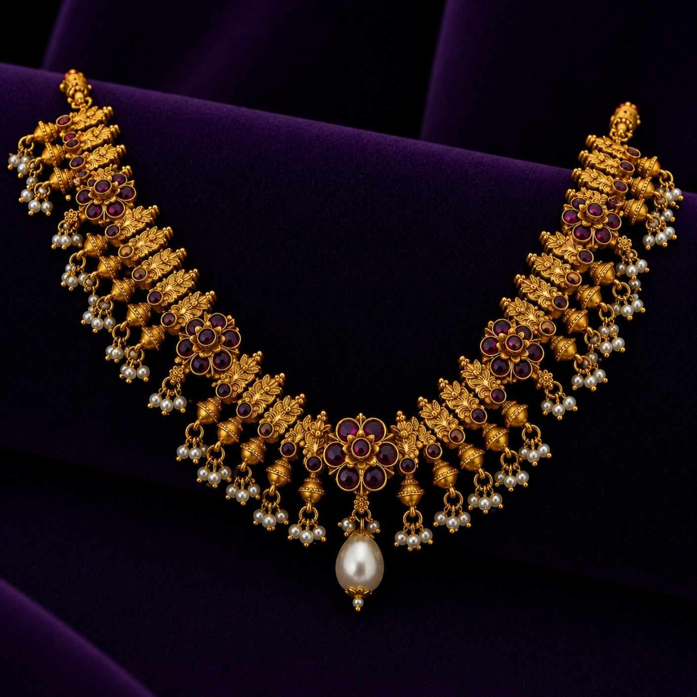 Ananya Antique Gold Kemp & Pearl Droplet Choker