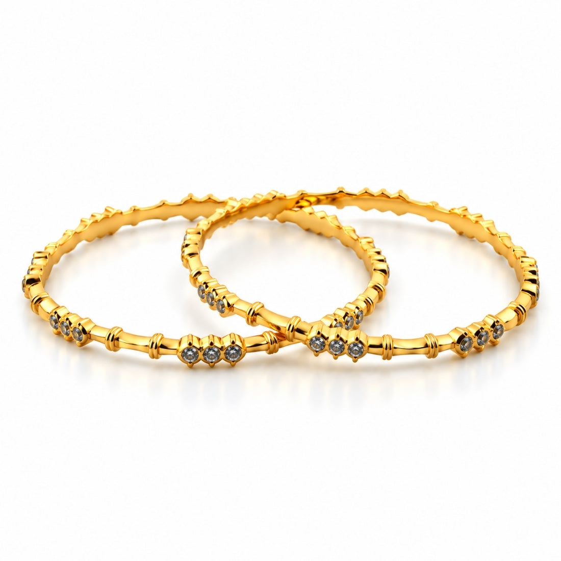 The Regal Bamboo Wave Triple-Stone Bangles (Set of 2 in 925 Sterling Silver with Premium 24K Gold Polish)