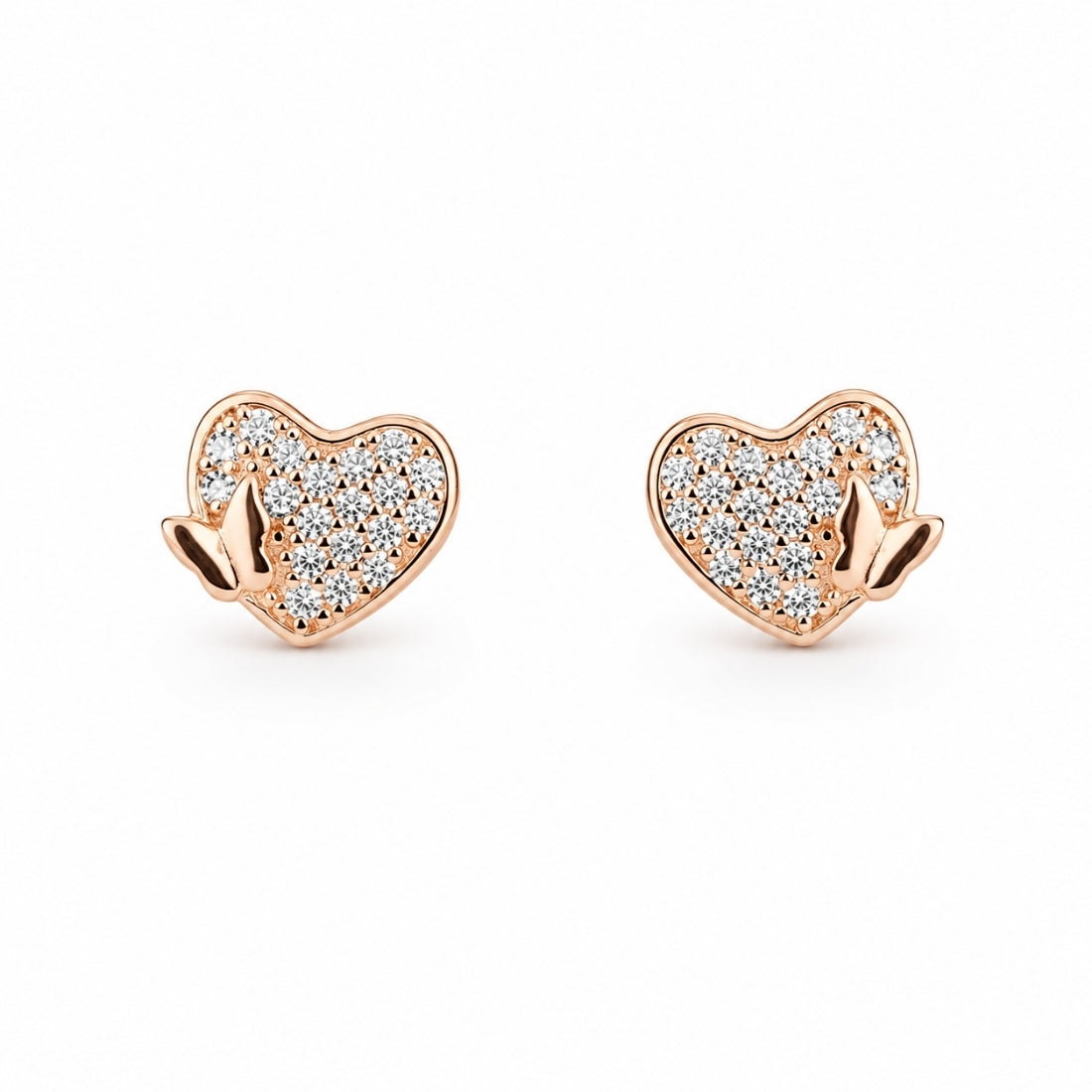 Rose Gold Pavé Heart & Butterfly Stud Earrings