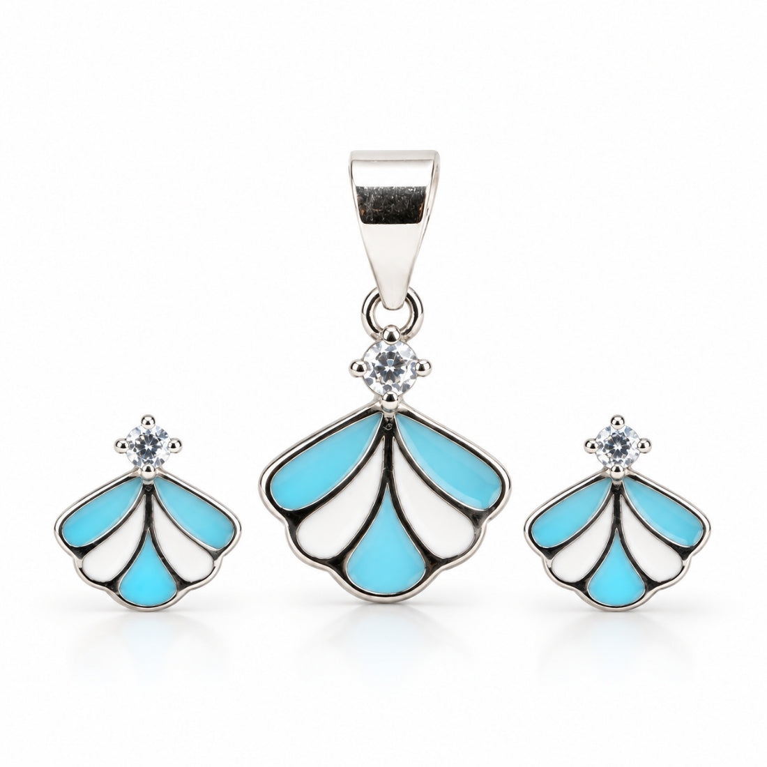 Ocean Breeze 925 Sterling Silver Turquoise Seashell Pendant & Stud Earring Set for Kids