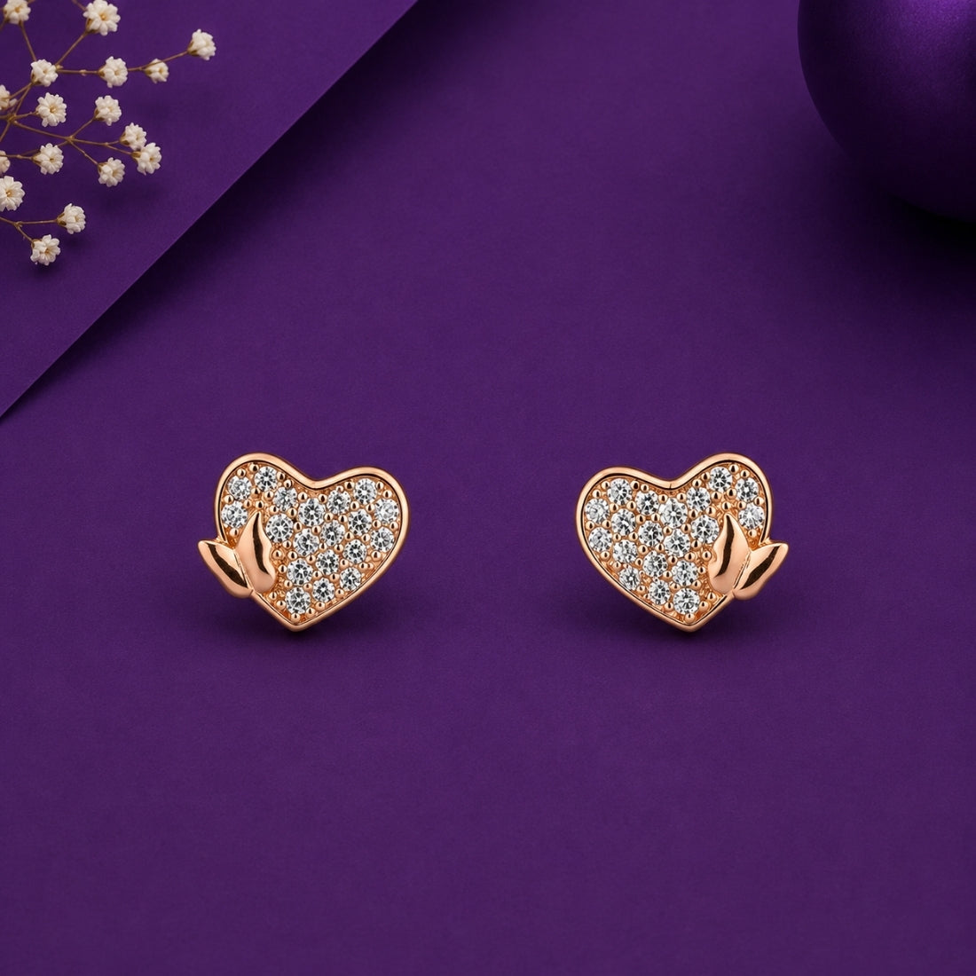 Rose Gold Pavé Heart & Butterfly Stud Earrings