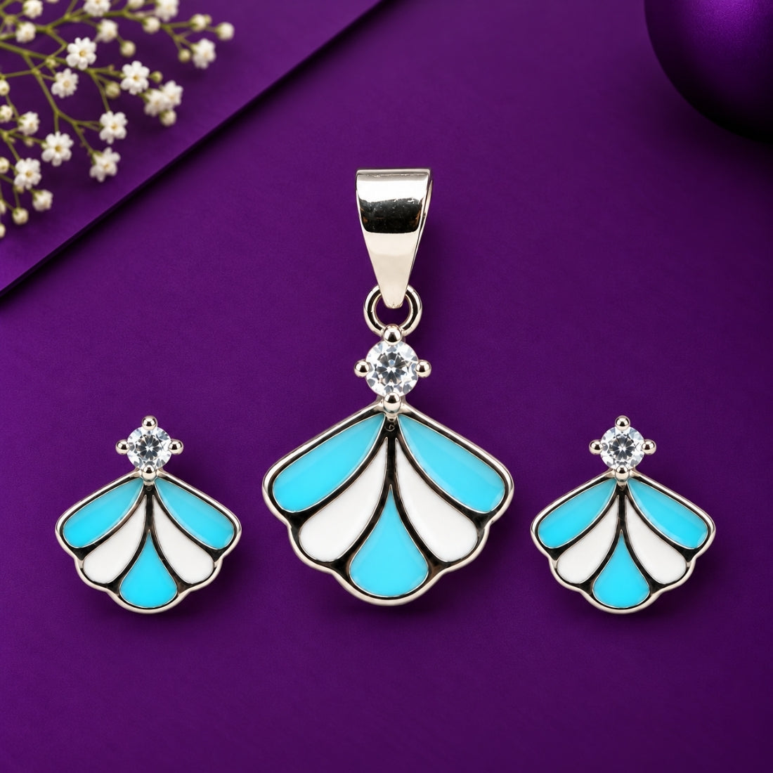 Ocean Breeze 925 Sterling Silver Turquoise Seashell Pendant & Stud Earring Set for Kids