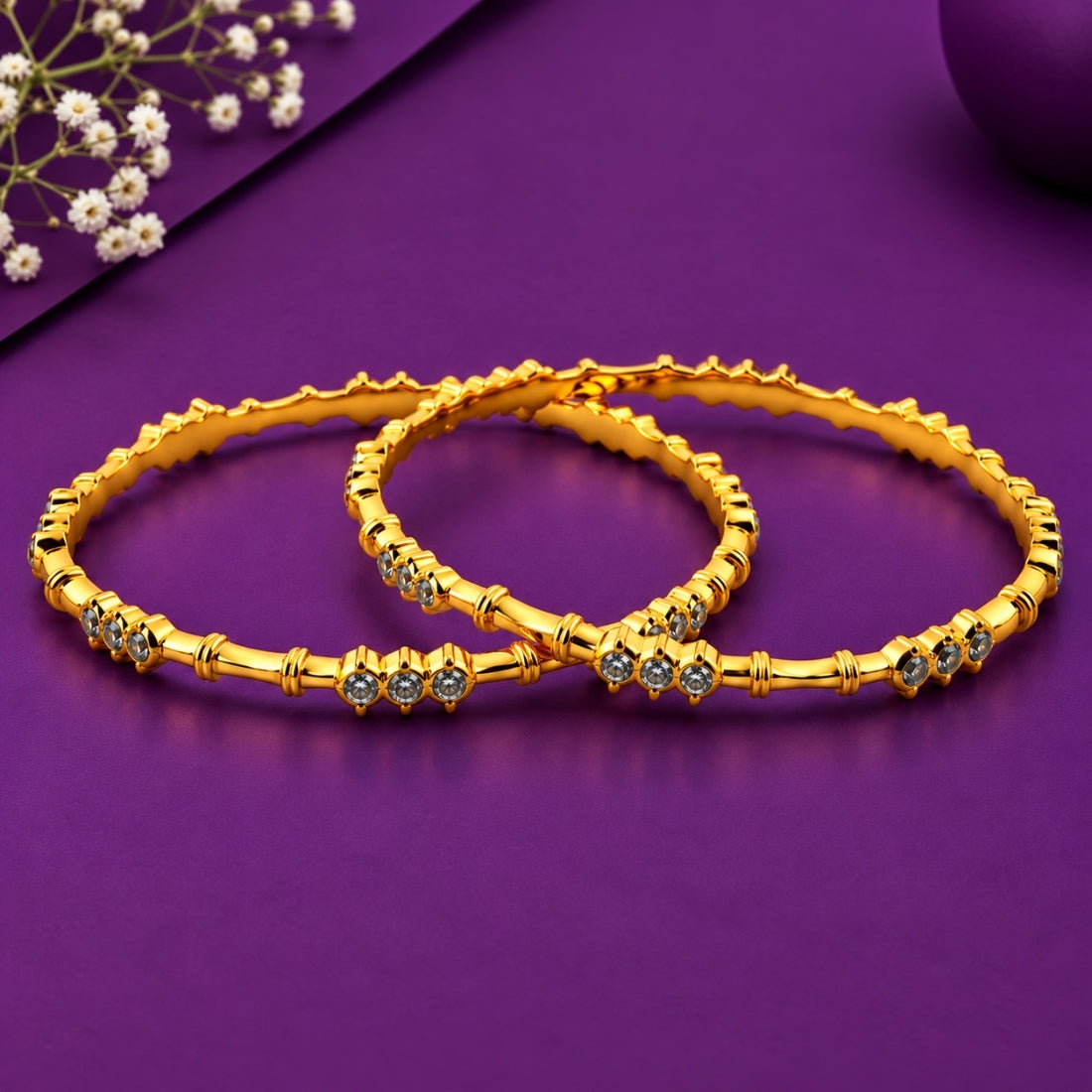 The Regal Bamboo Wave Triple-Stone Bangles (Set of 2 in 925 Sterling Silver with Premium 24K Gold Polish)