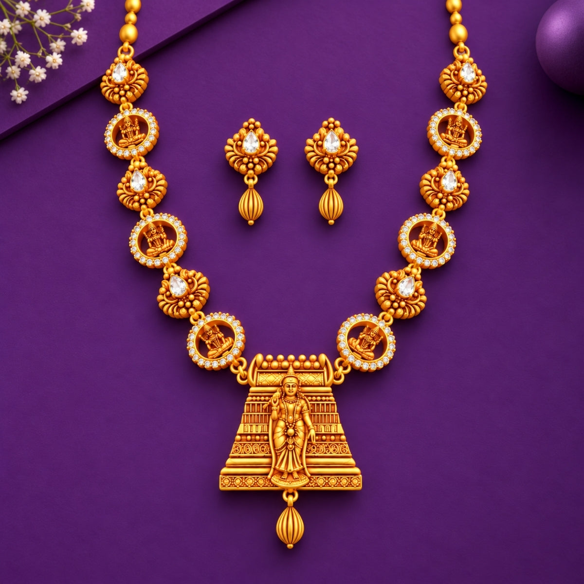 Sacred Shrine Gopuram Heritage 925 Silver Necklace Set