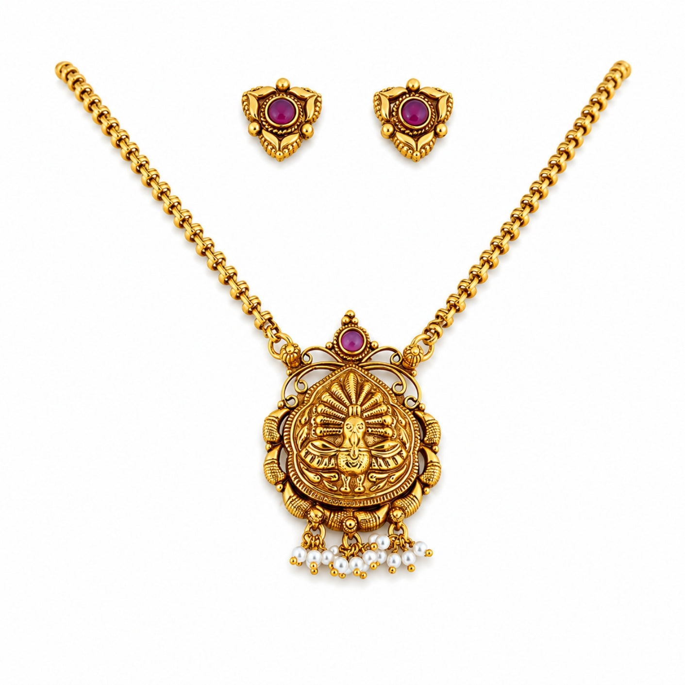 The Mayuri Nakshi 925 Silver Pendant Haram Set