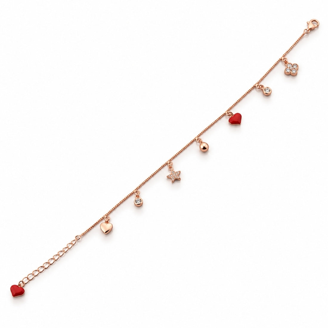 The Sweetheart Medley – 925 Rose Gold Multi-Charm Dangle Bracelet