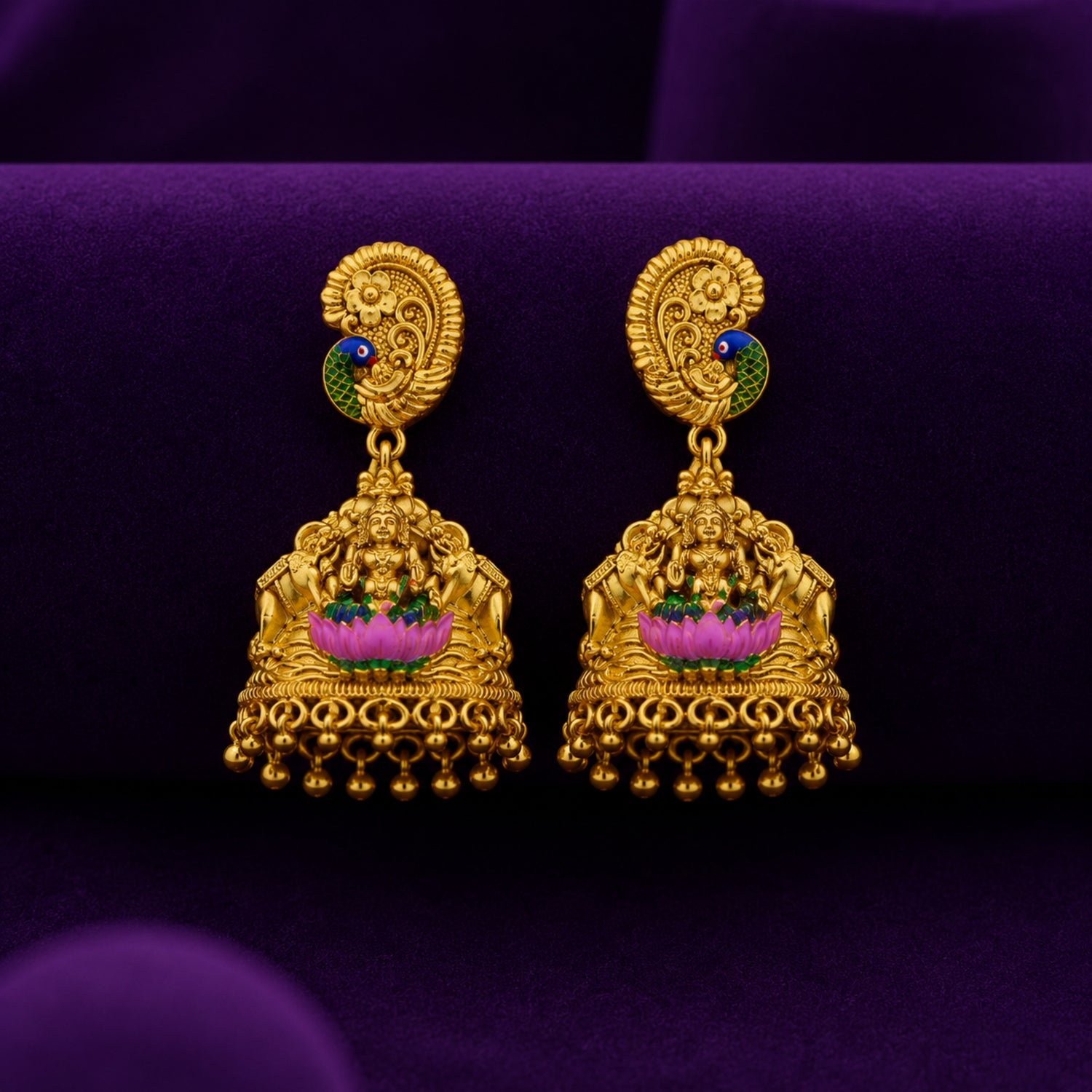 The Mayur Gajalakshmi Pink Enamel 925 Gold Polish Silver Jhumka