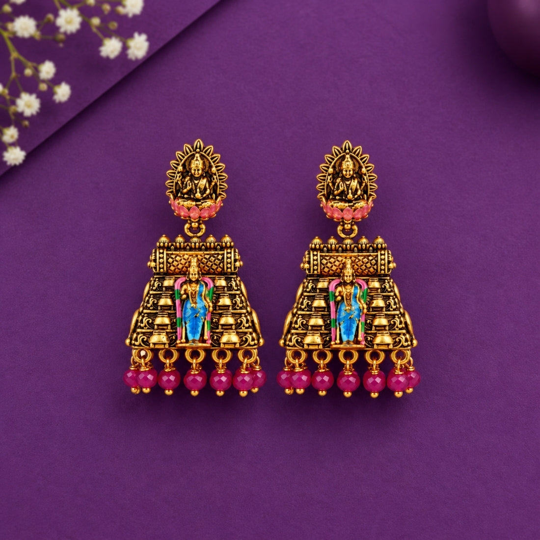 The Lord Perumal Divine Gopuram Antique Temple 925 Silver Earrings