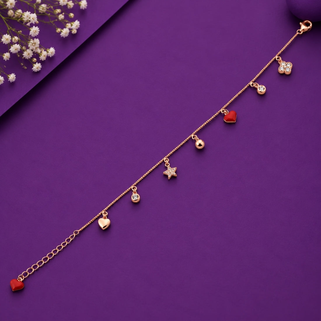 The Sweetheart Medley – 925 Rose Gold Multi-Charm Dangle Bracelet