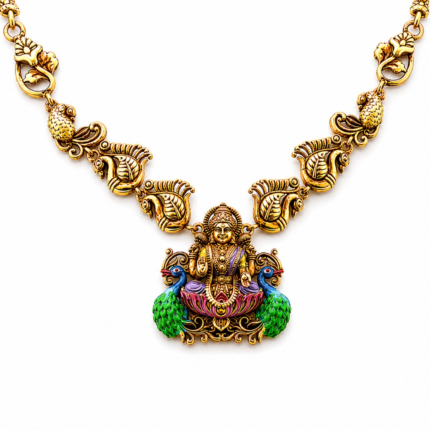 Lakshmi Mayura Enamel Silver Temple Necklace