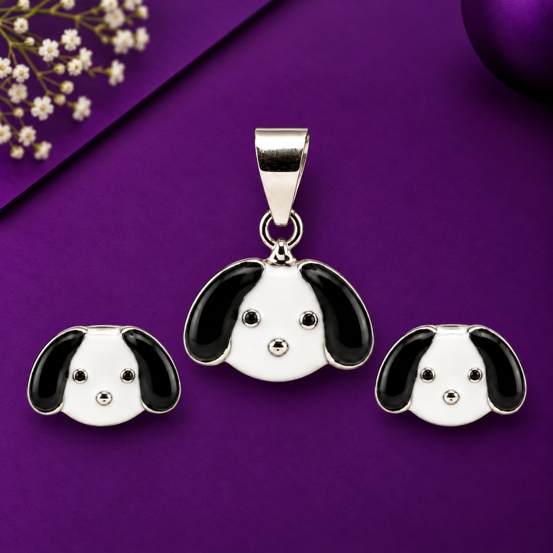 Playful Puppy 925 Sterling Silver Dalmatian Pendant & Stud Earring Set for Kids