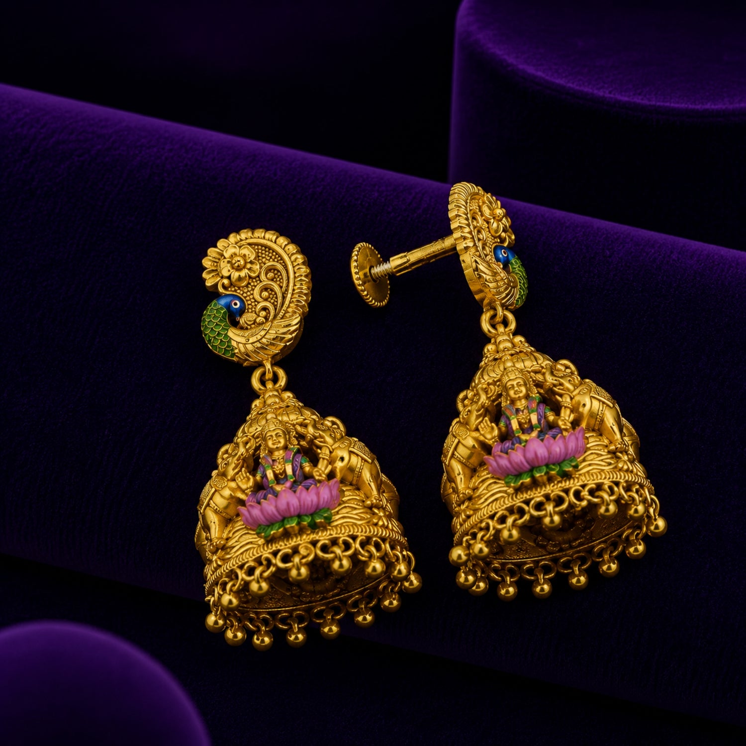 The Mayur Gajalakshmi Pink Enamel 925 Gold Polish Silver Jhumka