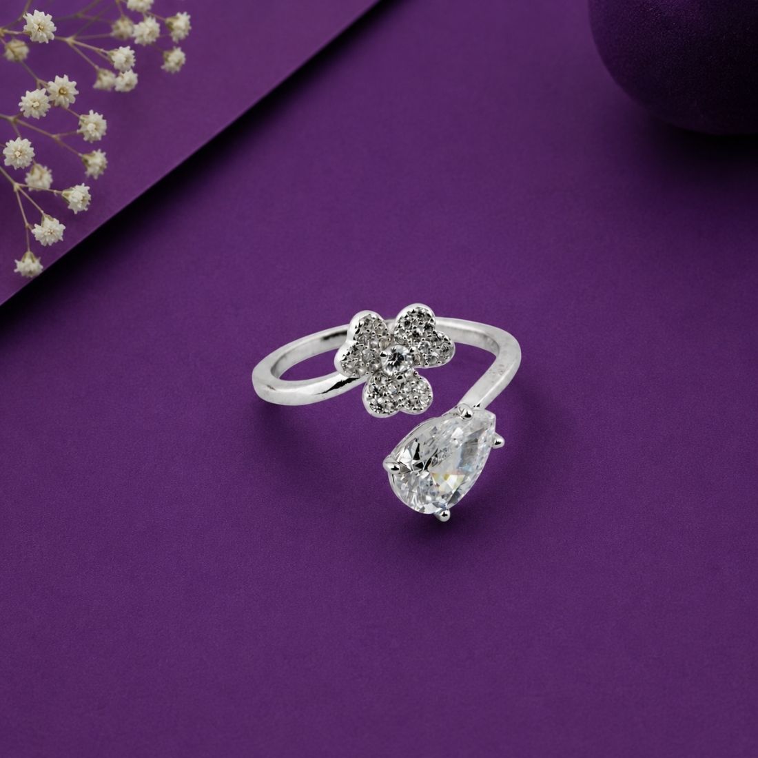 Sterling Silver Blossom Pear Drop Bypass Ring