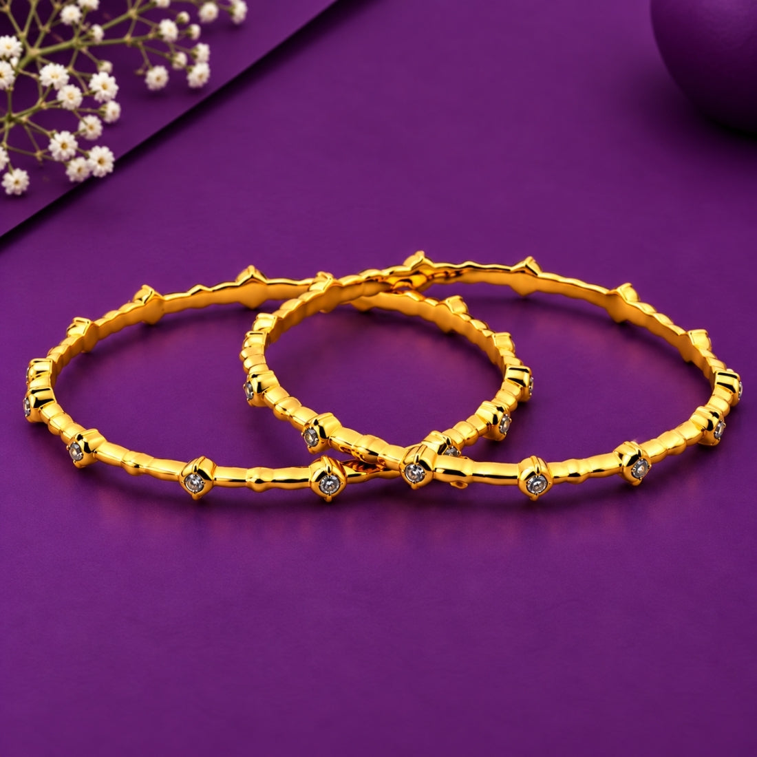 The Regal Clover Wave Solitaire Bangles (Set of 2 in 925 Sterling Silver with Premium 24K Gold Polish)