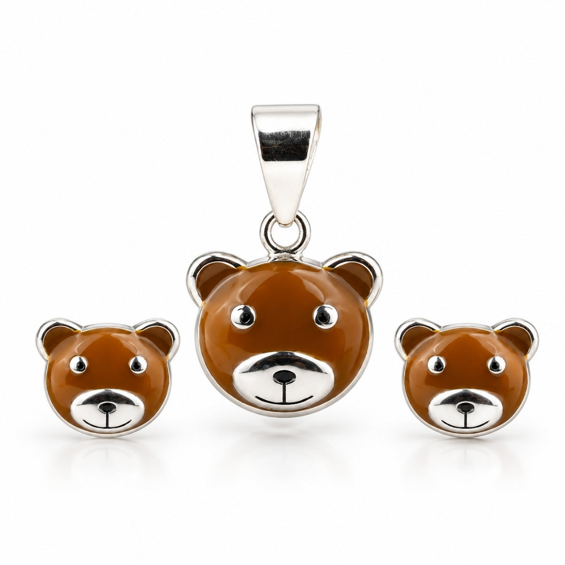 Cuddly Teddy 925 Sterling Silver Brown Bear Pendant & Stud Earring Set for Kids