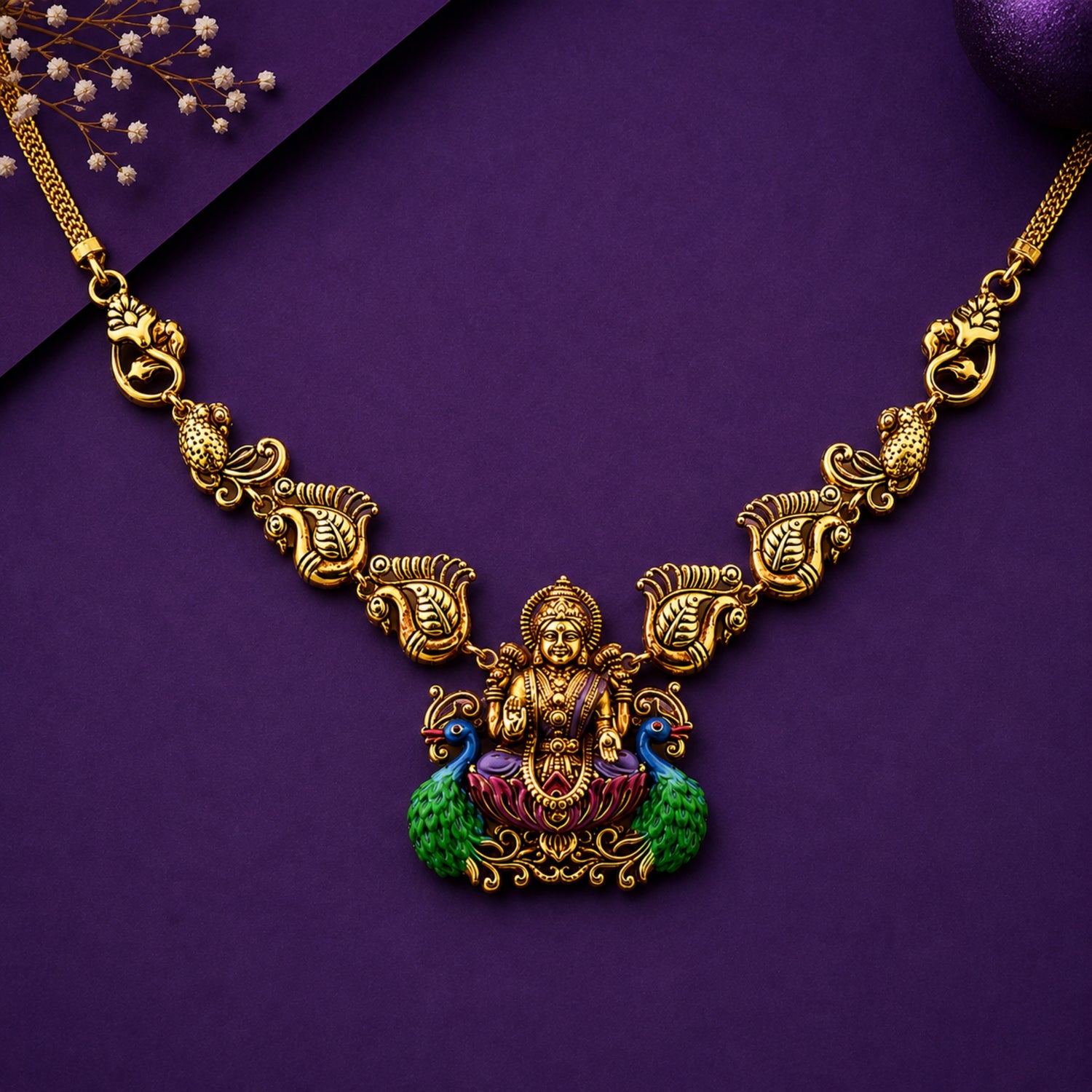 Lakshmi Mayura Enamel Silver Temple Necklace