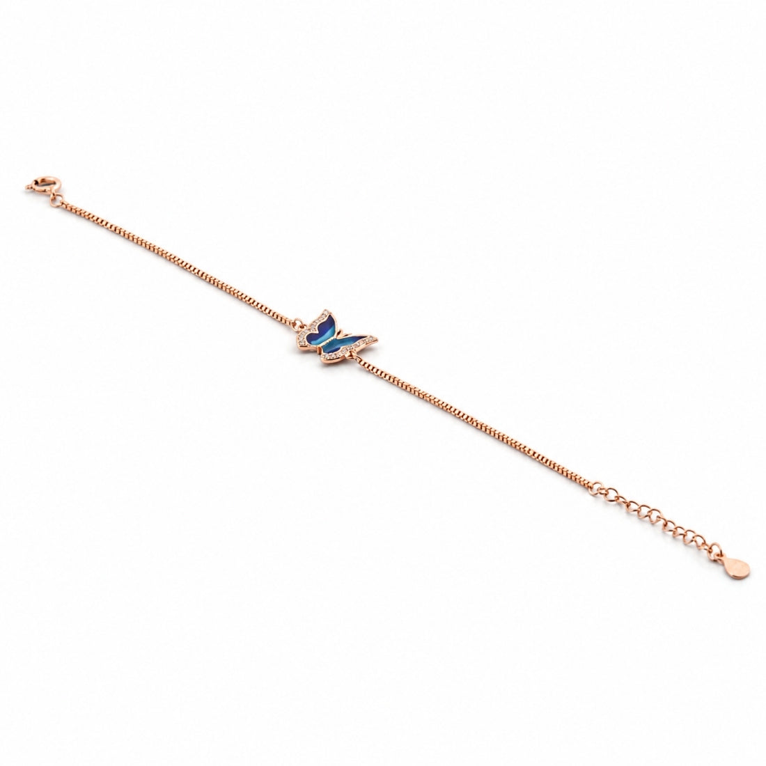 The Cerulean Monarch – 925 Rose Gold Blue Enamel Butterfly Bracelet