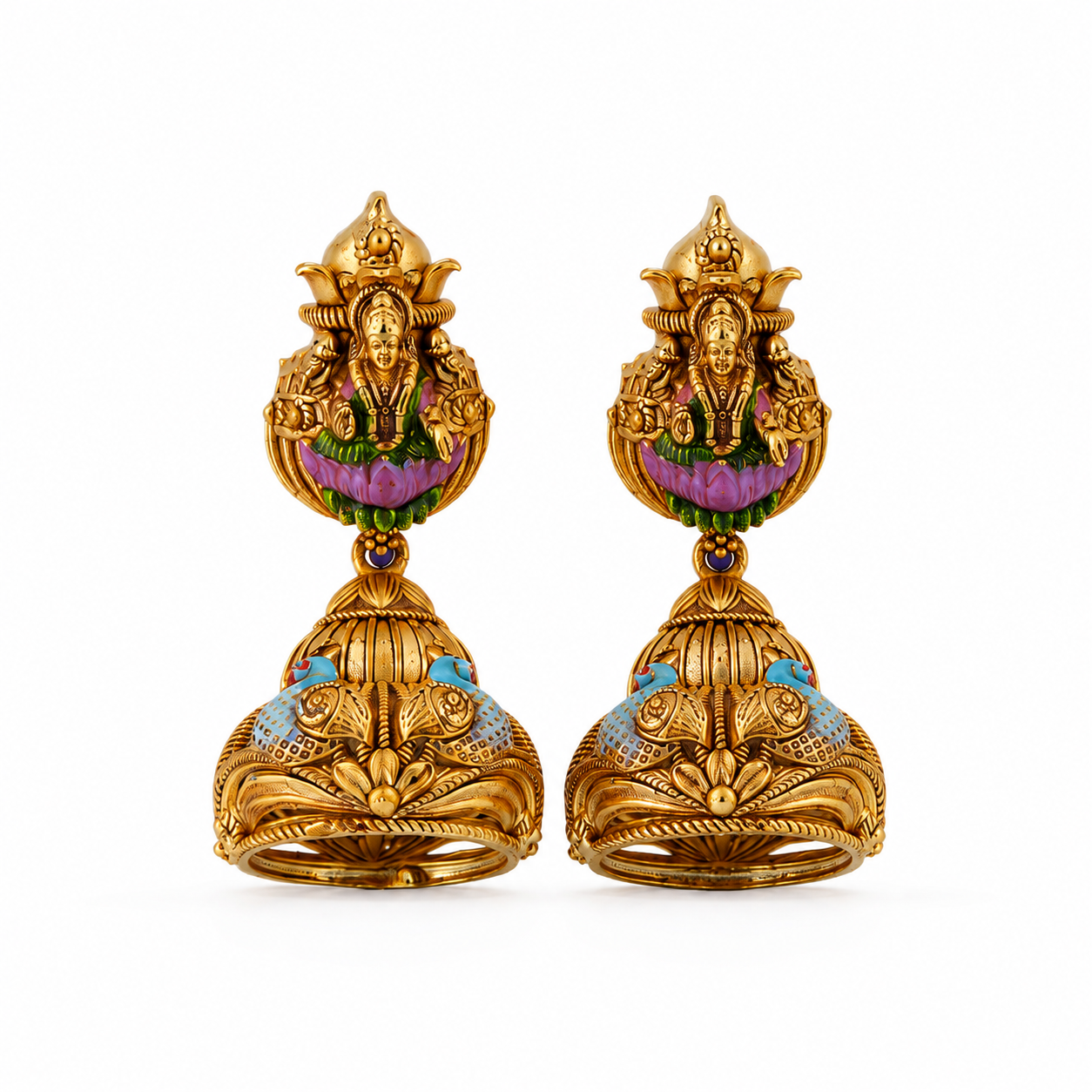 Divine Ganesha & Twin Peacock Gold-Plated 925 Silver Jhumkas