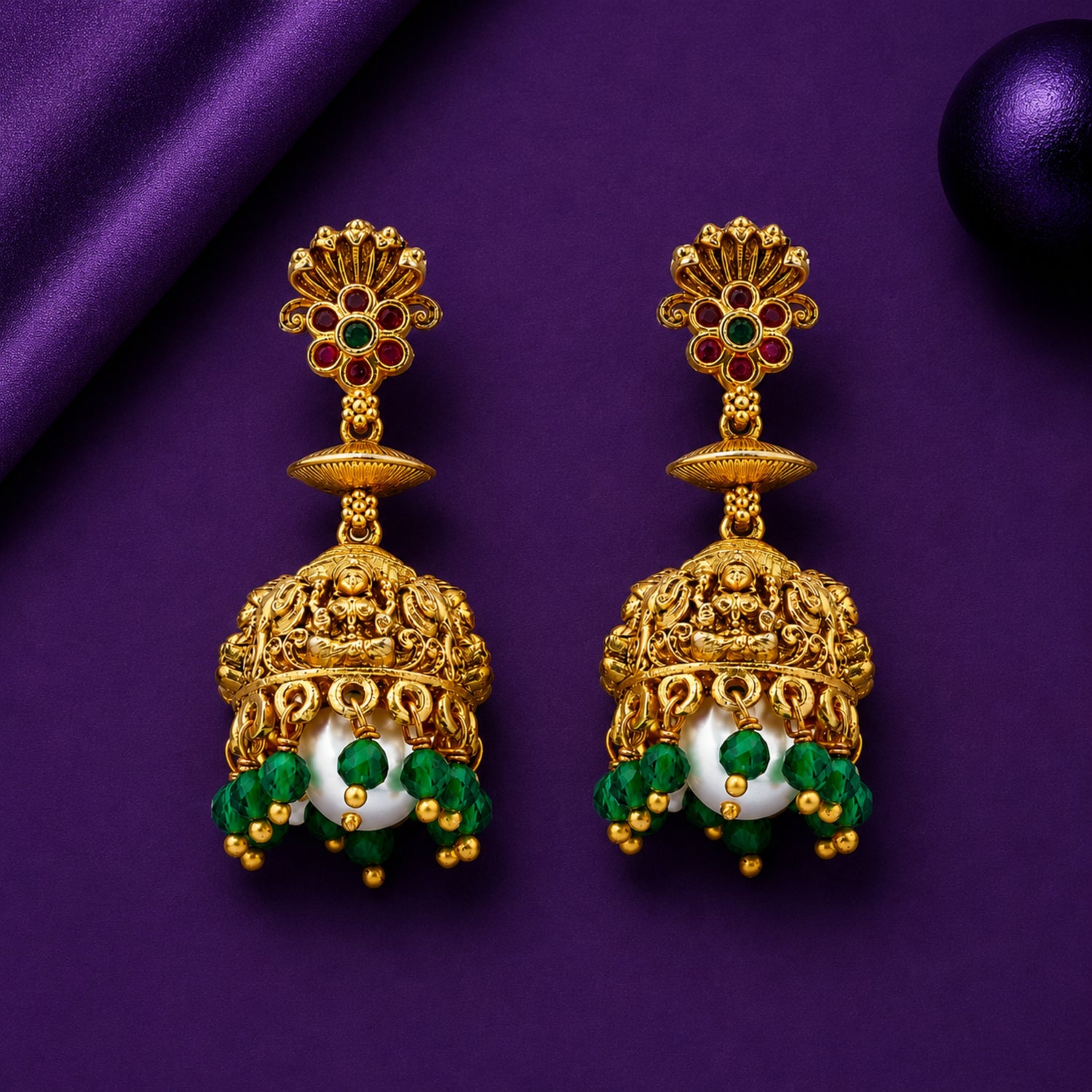The Lakshmi Emerald Bead Heritage Jhumka – 925 Sterling Silver