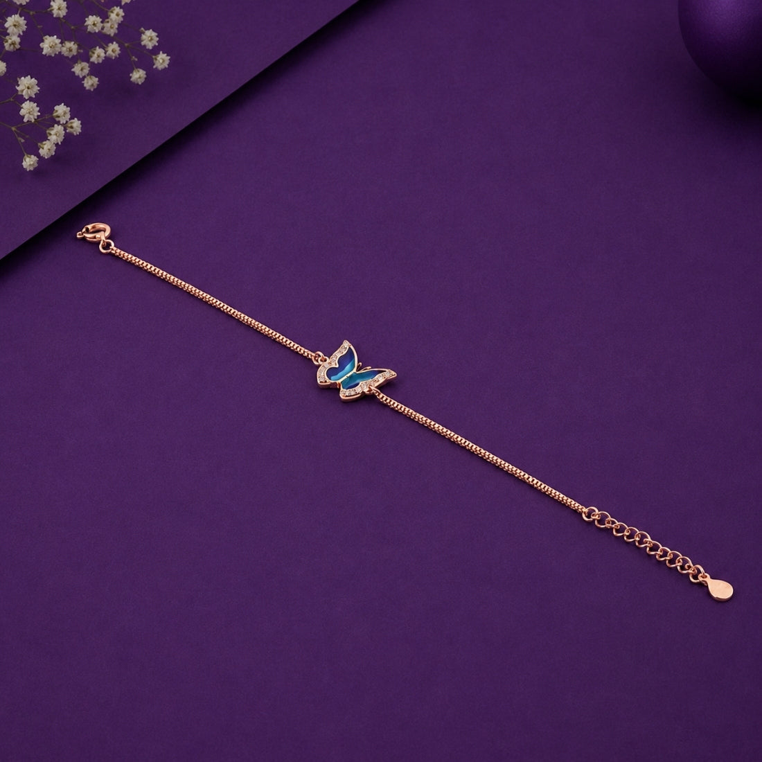 The Cerulean Monarch – 925 Rose Gold Blue Enamel Butterfly Bracelet