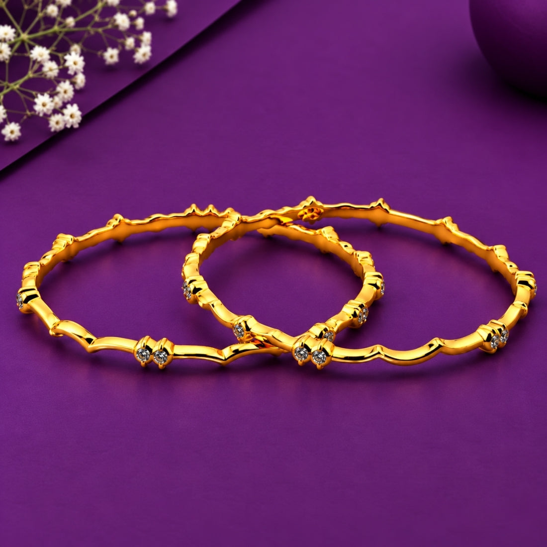 The Regal Clover Wave Twin-Stone Bangles (Set of 2 in 925 Sterling Silver with Premium 24K Gold Polish)