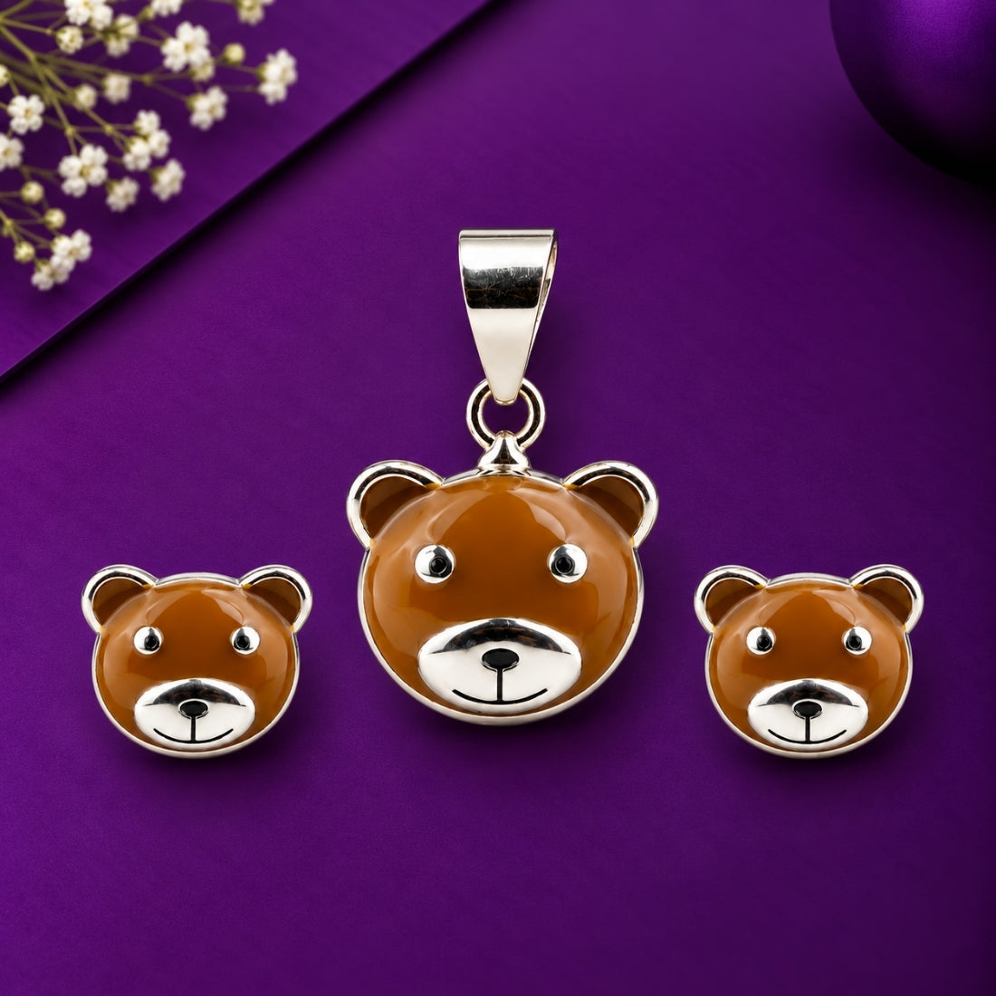 Cuddly Teddy 925 Sterling Silver Brown Bear Pendant & Stud Earring Set for Kids
