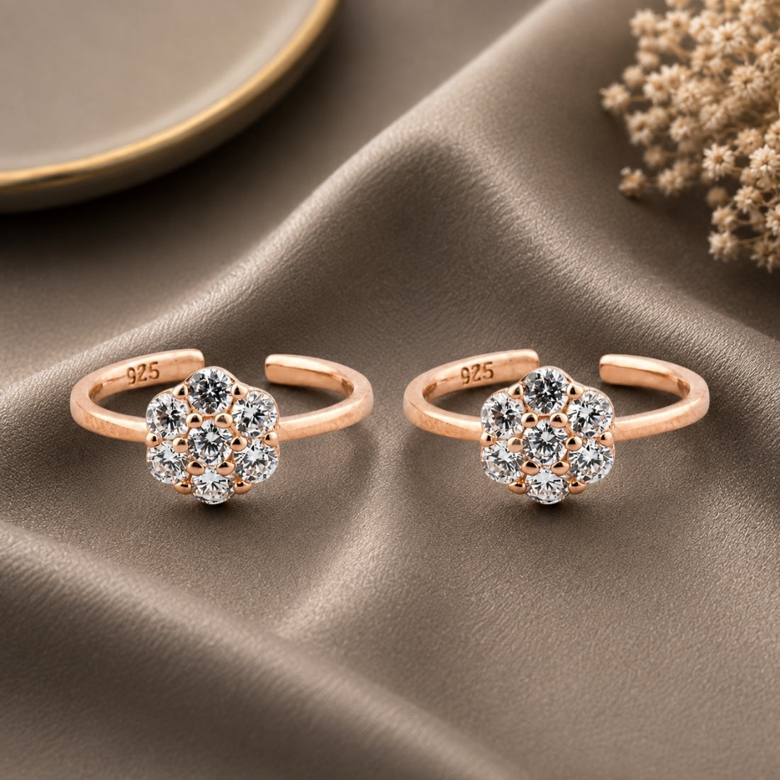 The Dahlia Blossom Rose Gold Toe Rings (925 Sterling Silver Pair)