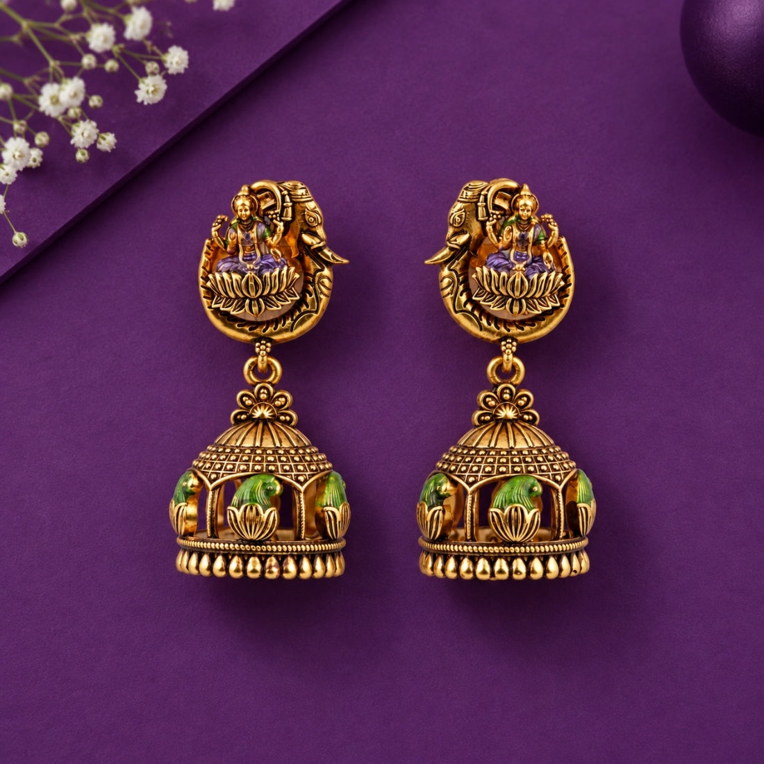 The Gaja Lakshmi & Mayura Open-Cage Antique Jhumkas