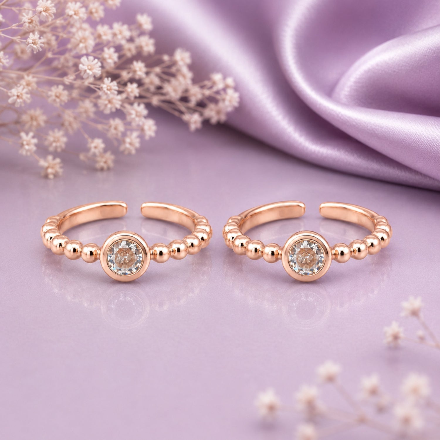 Beaded Solitaire Halo Rose Gold Adjustable Toe Rings