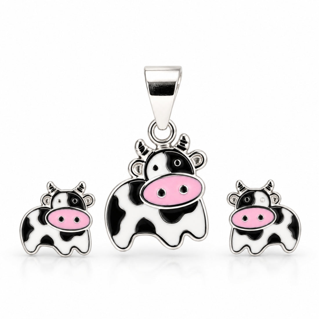 Daisy the Cow 925 Sterling Silver Enamel Pendant & Stud Earring Set for Kids