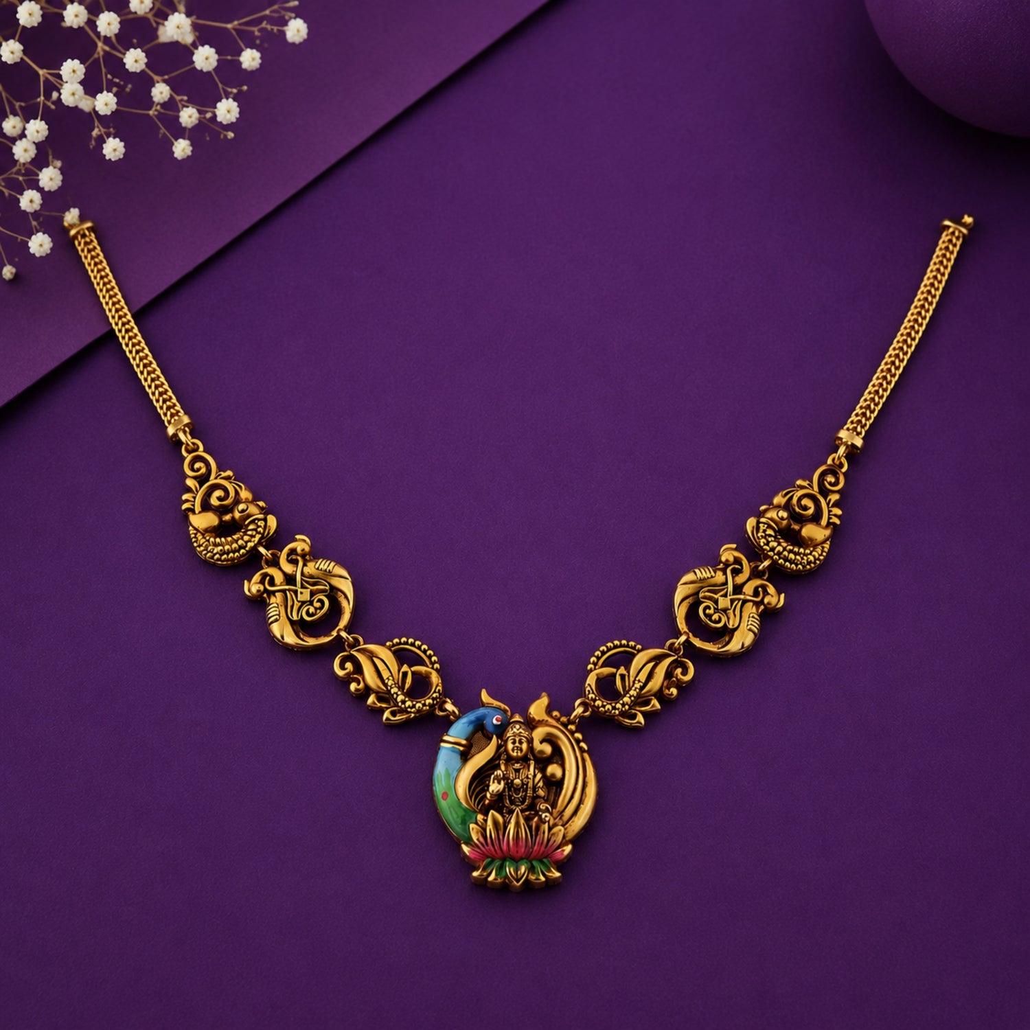 Kamala Lakshmi Enamel Silver Temple Necklace