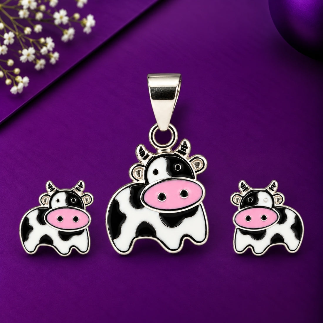 Daisy the Cow 925 Sterling Silver Enamel Pendant & Stud Earring Set for Kids