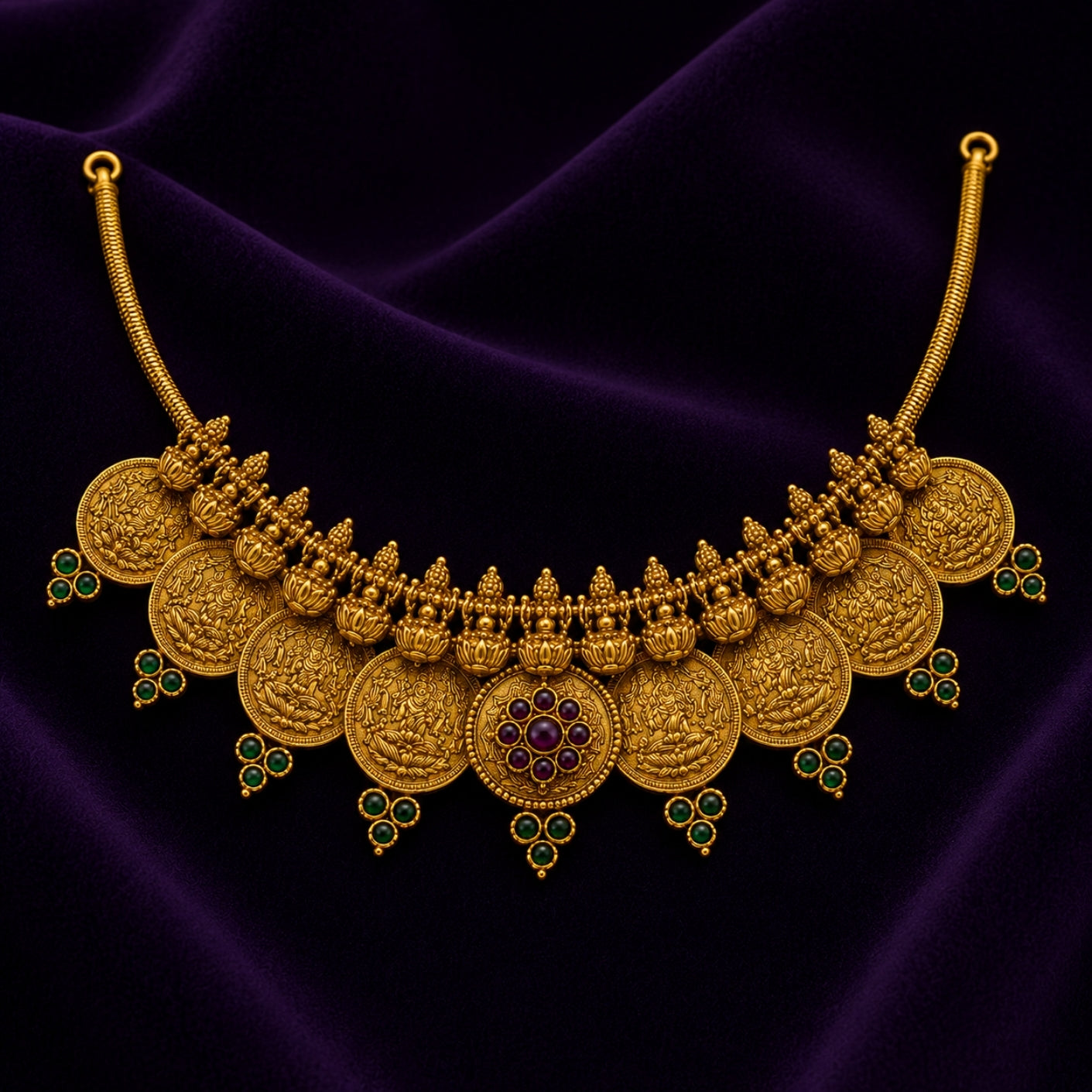 Sowbhagya Lakshmi Antique 925 Silver Gold Plated Kasu Choker