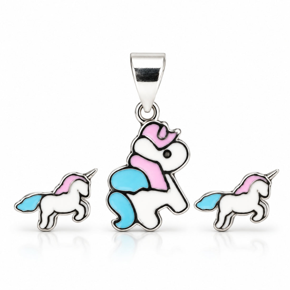 Mystical Twirl 925 Sterling Silver Pastel Unicorn Pendant & Stud Earring Set for Kids