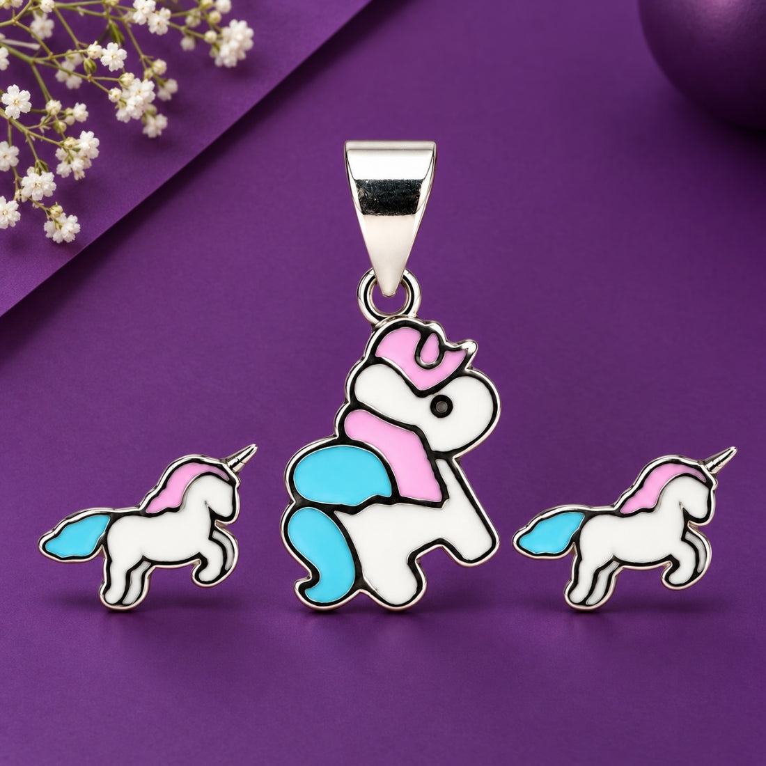 Mystical Twirl 925 Sterling Silver Pastel Unicorn Pendant & Stud Earring Set for Kids