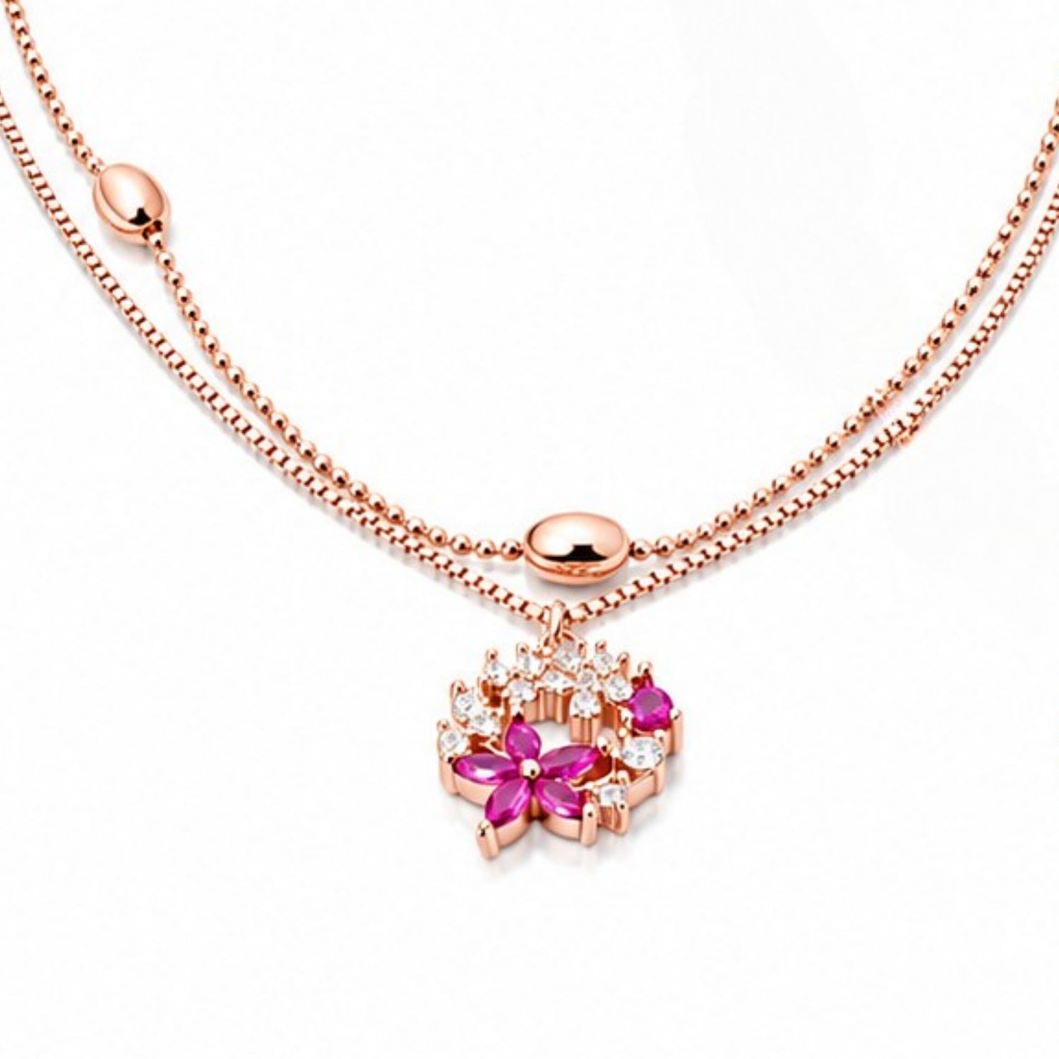 Cherry Blossom Radiance Double-Strand 925 Silver Anklet