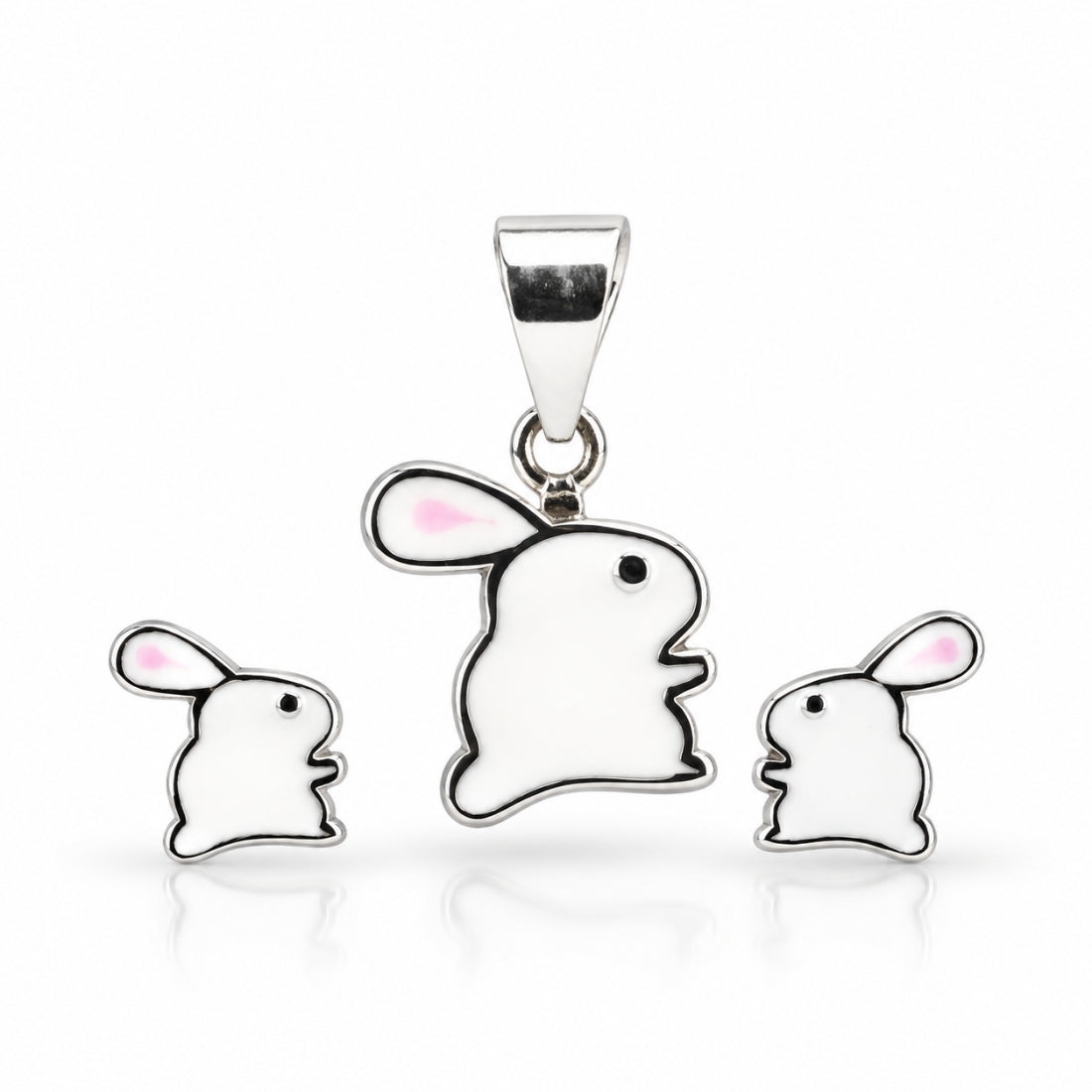 Clover the Bunny 925 Sterling Silver White Enamel Pendant & Stud Earring Set for Kids