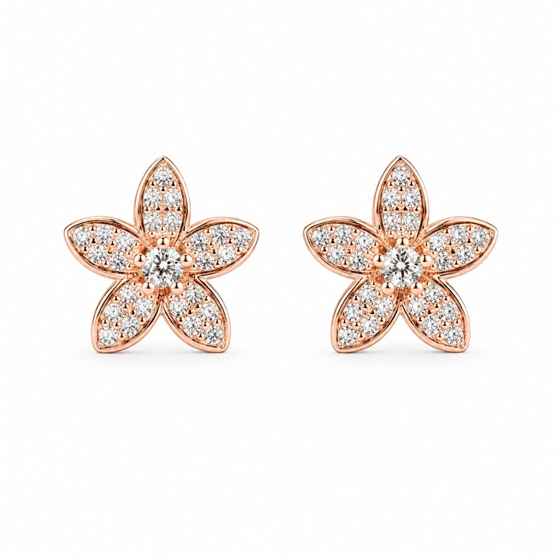 Rose Gold Pavé Five-Petal Jasmine Bloom Stud Earrings