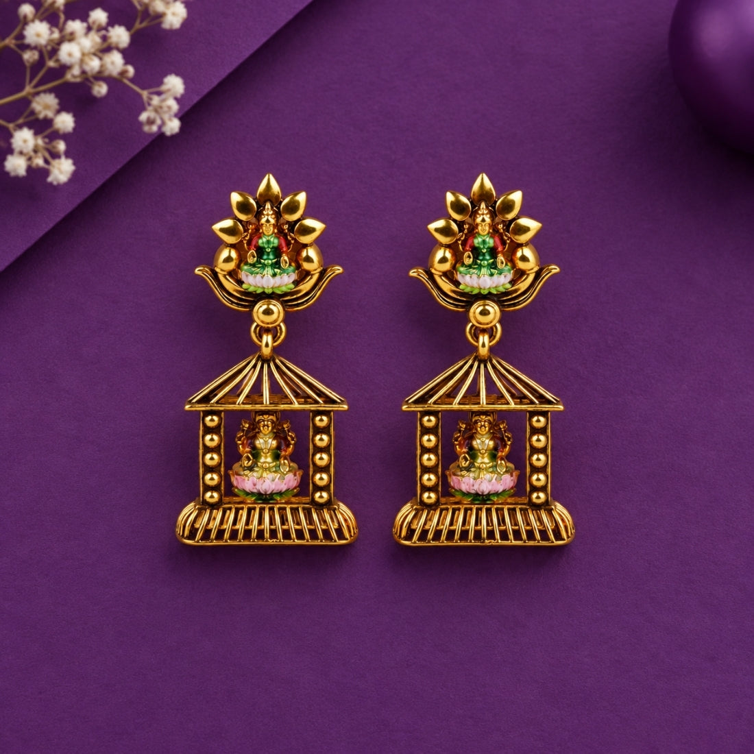 The Lakshmi Chhatra 925 Silver Antique Gold Plated Earrings