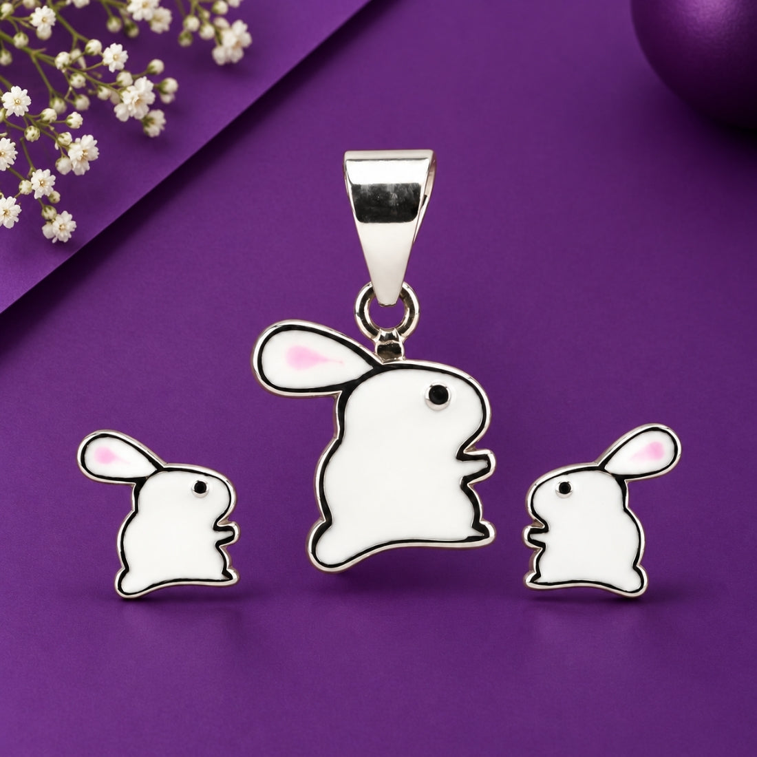 Clover the Bunny 925 Sterling Silver White Enamel Pendant & Stud Earring Set for Kids