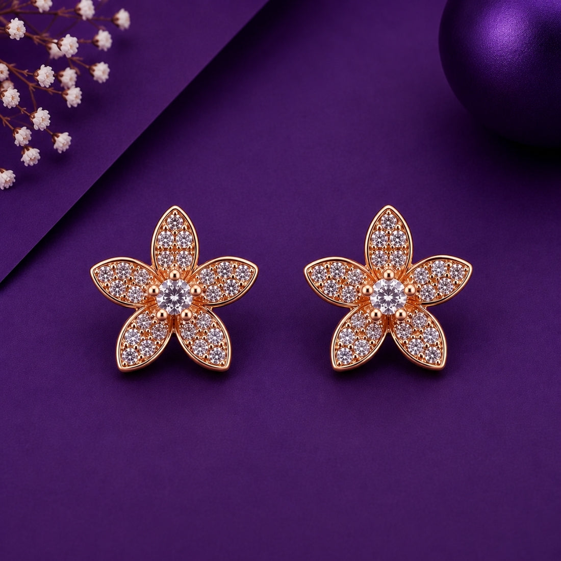 Rose Gold Pavé Five-Petal Jasmine Bloom Stud Earrings