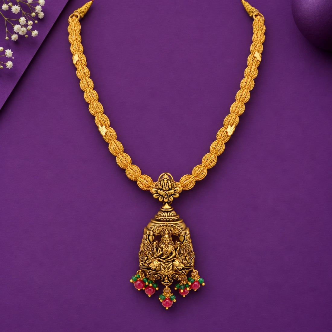 22K Gold Plated 925 Silver Goddess Lakshmi Temple Necklace