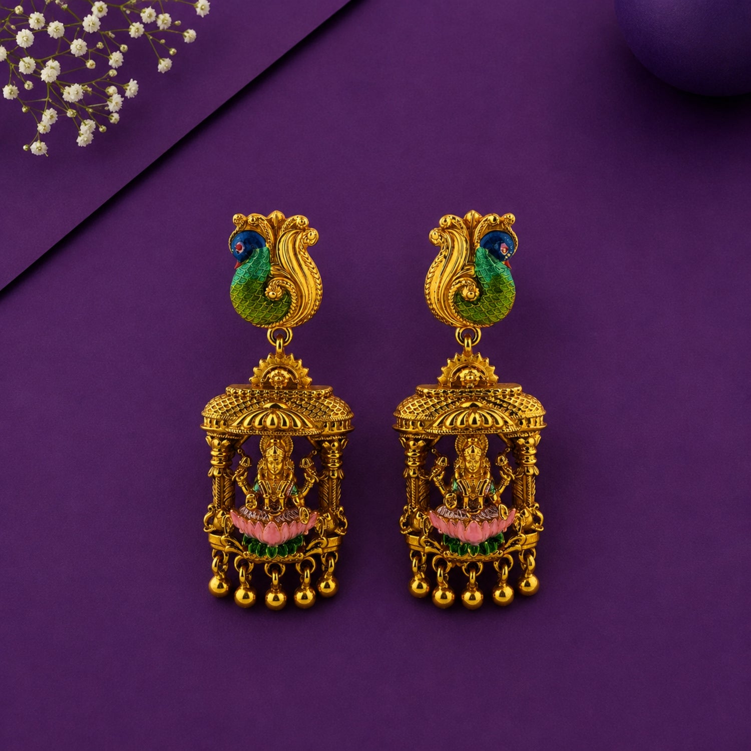 Imperial Peacock & Lakshmi Mandap Gold-Plated 925 Silver Drops