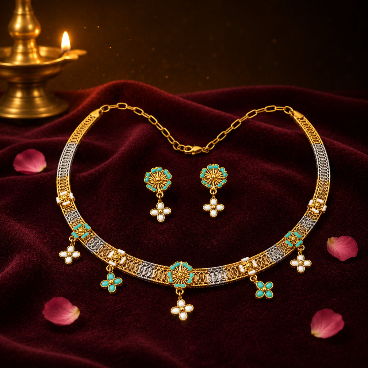 Vasantika Blossom 925 Sterling Silver Enamel Choker & Earring Set